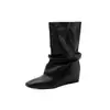 Botas de Tobillo de Piel de Vaca con Tacón de Cuña de 5 cm y Punta Cuadrada, Nuevas para Otoño/Invierno 2026, Moda Oculta para Aumentar la Altura, Botas de Mujer con Pliegues de Moda, Negro Marrón