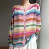Cárdigan de Cachemira y Seda de Morera Reductor de Edad Rayas Arcoíris Nuevas Otoño e Invierno Suéter Chaqueta de Cuello Redondo Suave Cómodo para Mujer