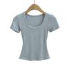 Camiseta de Manga Corta con Cuello en U Grande Estilo Europeo y Americano para Mujer 2024 Verano Nuevo Top Básico Adelgazante para Chica Hot