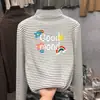 Camiseta Interior Casual de Manga Larga de Felpa Cepillada para Niñas, Estilo Nuevo Otoño/Invierno, Camiseta Base Rayada de Cuello Semi Alto