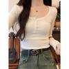 Deseo puro gris playera de clavícula con cuello en U para mujer hombro manga larga otoño e invierno corte ajustado dulce y picante cuello medio abierto versátil terciopelo camiseta básica