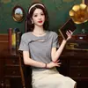 Nueva Camiseta de Manga Corta Estilo Chino Estilo Nacional 2026 Nueva Versátil Adelgazante para Mujer Verano Gris Estilo Europeo y Americano Elegante Estilo del Sudeste Asiático