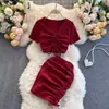 Traje de Verão Feminino Novo Estilo Coreano Algodão Gola Coração Cordão Slim-fit Top Curto Saia com Cordão Conjunto de Duas Peças