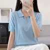 Nueva camiseta de punto de algodón puro para verano, con media cremallera y cuello camisero, manga corta, corte holgado y favorecedor, top liso de moda estilo coreano para mujer