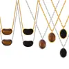 Colar com pingente de design retrô francês simples e personalizado estilo Maillard com pedra olho de tigre incrustada, aço titânio banhado a ouro