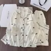 Pijama feminino no atacado para exportação, primavera e outono, estilo coreano, fofo, cartoon, solto, manga longa, fino, conjunto de roupa de casa para meninas jovens
