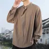 Camisa casual de manga larga de algodón y lino estilo chino, talla grande, con botones, para hombre, tendencia china, cuello mao, corte holgado, atuendo de té inspirado en Zen