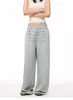 Calça de moletom cinza de metal de grife, nicho, de botões duplos, feminina, outono, estilo "hot girl", cintura alta, cordão para ajustar, perna larga, calça esportiva
