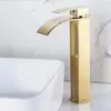 Grifo de cascada cuadrado alto de acero inoxidable nórdico con núcleo de cobre para agua caliente y fría, lavabo, fregadero de cocina, a prueba de salpicaduras, orificio único universal