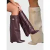 Botas femininas de comércio exterior transfronteiriço com bico fino, cano largo, fivela de metal reta, botas de comprimento médio, tamanho grande, salto grosso, botas femininas estilo calça