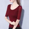 Camiseta de Manga Media para Mujer, Nuevo Estilo 2026, Elegante Blusa de Malla con Cuello Redondo Grande, Color Sólido, Cintura Elástica Ajustable