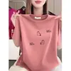Artículos de Lujo Ligero de Gama Alta~Camiseta de Manga Corta con Estampado de Corazones para Mujer, Verano Holgada Cuello Redondo, Moderna, Sencilla, Top Casual, Talla Grande