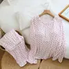 Pijama com Bojo para Mulheres, Algodão Puro, Primavera e Outono, Design Simples em Formato de Coração, Calça de Manga Longa, Estilo Fino, Pode Ser Usado Fora de Casa, Roupa de Casa, Conjunto de Duas Peças