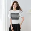 Top de punto de manga corta con retazos a rayas, falso dos piezas, para mujer, diseño de verano, top irregular, blanco roto, otros estilos europeos y americanos