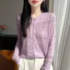 Cardigã de tricô vazado com gola redonda estilo lady para mulheres, fino, amigável à pele, botões, camada externa, modelador, versátil, blusa para cobrir, proteção solar