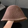 Sombrero de Pescador Gris de Punto Simple Japonés para Mujer Otoño Ala Ancha Hace que la Cara Parezca Más Pequeña Sombrero Cubeta Circunferencia de Cabeza Grande Sombrero de Pescador Retro