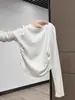 Camiseta de Algodón Puro Gris Oscuro de Hombro Normal de Manga Larga para Mujer, Otoño, Combina con Pantalones de Pierna Ancha, Top Base Ajustador de Cintura Plisado Adelgazante