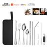 Amazon Cubiertos de Acero Inoxidable para Exteriores Cuchillo, Tenedor, Cuchara, Palillos y Juego de Pajita Portátil para Camping al Aire Libre, Barbacoa, Fiesta