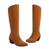 Botas de Equitação Quadradas Versáteis para Mulheres Outono e Inverno, Botas Altas Apontadas Transfronteiriças, Botas Femininas de Cor Sólida Leves de Salto Alto Tamanho Grande