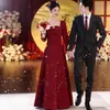 Vestido de Torrada Estilo Francês para Noiva, Decote Quadrado, Manga Longa, Vestido de Casamento Vermelho, Roupas Casuais para Noivado e Formatura, Vestido Longo Petite