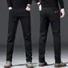 Jeans Negros Puros de Alto Estiramiento para Otoño para Hombre Jóvenes Ajustados Rectos Sueltos Tallas Grandes Pantalones Casuales Gruesos
