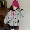 Chaqueta de estilo preppy para niñas con estampado de estrellas, sudadera con capucha de corte holgado estilo coreano, cárdigan casual con cremallera para otoño, adecuado para niños mayores