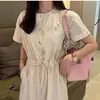 Vestido de Verano 2025 Dongdaemun Corea del Sur Moda Elegante de Oficina Cuello Redondo Cintura con Cordón Manga Corta para Mujer