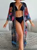 Nueva Versión Fija Blusa Larga Estampada con Cinturón para Cubrir el Vientre y Efecto Adelgazante Protección Solar Moda de Playa para Mujer