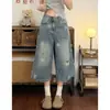 Pantalones cropped rasgados de estilo americano con estampado de estrellas para mujer, corte recto, nuevo estilo de verano, talla grande, corte holgado, jeans de pierna ancha adelgazantes