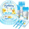 Paquete de Decoración de Cumpleaños Nuevo Patito Amarillo de Amazon Tema Vasos de Papel Desechables, Servilletas de Papel, Platos de Papel, Banderines y Banderas