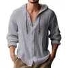 Ropa de hombre transfronteriza talla europea, camiseta de hombre de corte holgado, camisa casual de manga corta de color liso, cárdigan abotonado con capucha y cordón de lino sintético