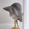 Chapéu Viseira Simples de Aba Larga com Proteção Solar para Mulheres, Proteção UV de Verão com Xale Integrado, Chapéu de Tecido para Sombreamento ao Ar Livre