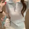 Top de punto lavado de seda helada con cuello polo azul liso, manga corta para mujer, ajuste slim para verano, hombro normal, estilo corto