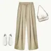 Pantalones de pierna ancha de satén de acetato de seda helada para mujer, estilo fino de verano, dobladillo ancho con caída, pantalones hasta el suelo, pantalones casuales plisados fluidos