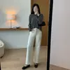 Calça Relaxada de Perna Reta Outono Cintura Alta Francesa Vintage Emagrecedora Solta Elástica Jeans de Perna Reta Calças Casuais 021