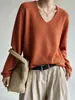 Nuevo Suéter de Punto de Hilo de Algodón 2026 Otoño/Invierno con Borde Enrollado, Cuello en V, Manga Larga para Mujer, Color Sólido, Holgado, Suéter, Prenda Base