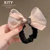 Nuevo y moderno scrunchie beige de alta elasticidad con lazo, elegante nuevo pasador de moño de cristal, cuerda para coleta de estilo coreano