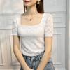 Blusa de verano con cuello cuadrado francés y mangas abullonadas para mujer, camisa de manga corta ajustada con forro de encaje, primavera y verano