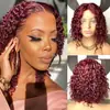 Peluca frontal de encaje peluca europea y americana femenina africana volumen pequeño color rojo vino medio corta cabello rizado seda de alta temperatura fibra química tocado