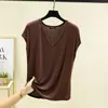 Camiseta básica versátil de cuello en V con mangas acampanadas estilo coreano para mujer, nuevo modelo de verano, camiseta sin mangas de modal, top holgado y cómodo de talla grande