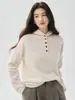 Nuevo Suéter de Cachemira Color Sólido Estilo Perezoso Otoño/Invierno para Mujer, Casual, con Capucha, Tejido Grueso, Raglán, Media Botonadura, Jersey