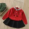 Conjunto Infantil 2026 Outono/Inverno Novo Estilo Saia Gola Redonda Laço de Coração Cardigan de Tricô com Renda Conjunto Fashion de Duas Peças