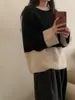 Suéter de Punto Grueso Suave para Mujer, Cuello Redondo, Bloques de Color, Lana Pura, Holgado, Casual, Simple, Moda Versátil, Manga Larga, Camiseta Base