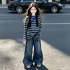 Conjunto de Top a Rayas Otoñal y Jeans de Pierna Ancha para Niñas 2026 Nueva Moda Conjunto Holgado de Dos Piezas para Niñas Mayores