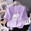 Camiseta de Manga Corta de Algodón Puro para Niñas Verano Nuevo Estilo Dibujos Animados Casual Versátil Top de Media Manga para Niños Medianos y Grandes