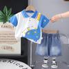Ropa para Niños 2025 Verano Polo de Manga Corta con Solapa a Color en Bloque de Dinosaurio de Dibujos Animados Casual Shorts de Mezclilla Conjunto de Dos Piezas para Niños