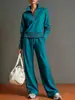 Traje Deportivo Casual de Nuevo Estilo Transfronterizo Estilo Europeo Bloque de Color Sudadera con Cuello Alto Pantalones de Pierna Ancha Conjunto de Dos Piezas