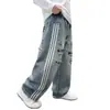 Jeans rasgados para niños con rayas laterales, Nueva colección de primavera 2026 para niños mayores, Pantalones holgados de pierna recta, Tendencia de venta al por mayor transfronteriza