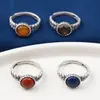 Anillo de Plata de Ley 990 Plata Pura Anillo de Trigo Vintage Desgastado Ajustable Lapis Lázuli Ámbar Anillo de Ágata Roja del Sur
