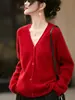 Cárdigan de Lana 100% de Estilo Holgado para Mujer, Cuello en V, Tejido de Trenzas, Agradable al Tacto, Suave, Cálido, Prendas de Punto, Suéter Abrigo a la Moda
